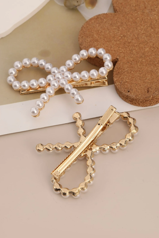 2 Pack Pearl Bow Hair Barrettes Gold Bowknot Alligator Hair Clips