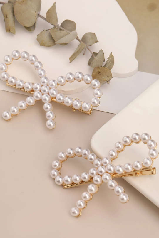 2 Pack Pearl Bow Hair Barrettes Gold Bowknot Alligator Hair Clips