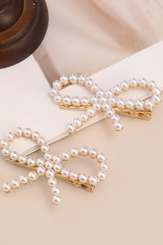 2 Pack Pearl Bow Hair Barrettes Gold Bowknot Alligator Hair Clips