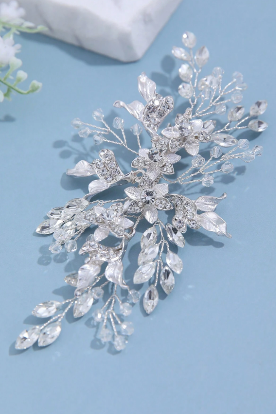 Handmade Silver Crystal Floral Bridal Hair Clip Wedding Rhinestone Leaf Hair Barrette