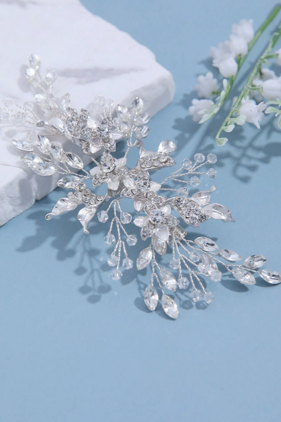 Handmade Silver Crystal Floral Bridal Hair Clip Wedding Rhinestone Leaf Hair Barrette