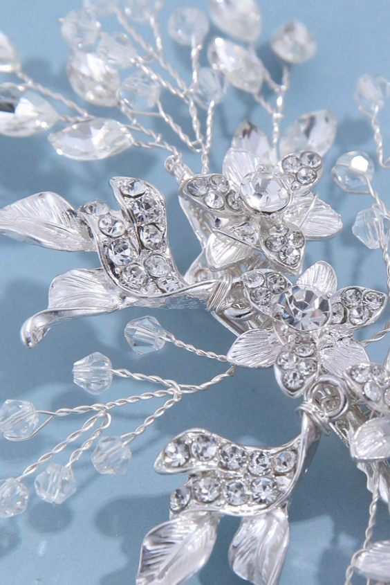 Handmade Silver Crystal Floral Bridal Hair Clip Wedding Rhinestone Leaf Hair Barrette