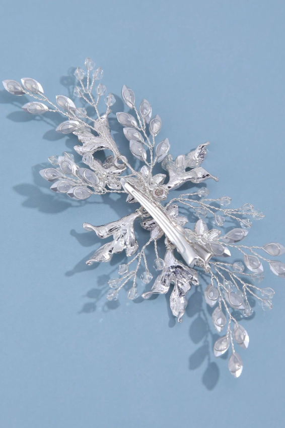 Handmade Silver Crystal Floral Bridal Hair Clip Wedding Rhinestone Leaf Hair Barrette
