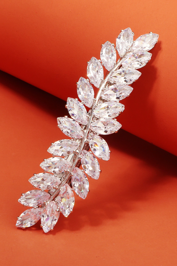 Crystal Leaf Rhinestone Silver Bridal Hair Barrette Wedding Hair Clip