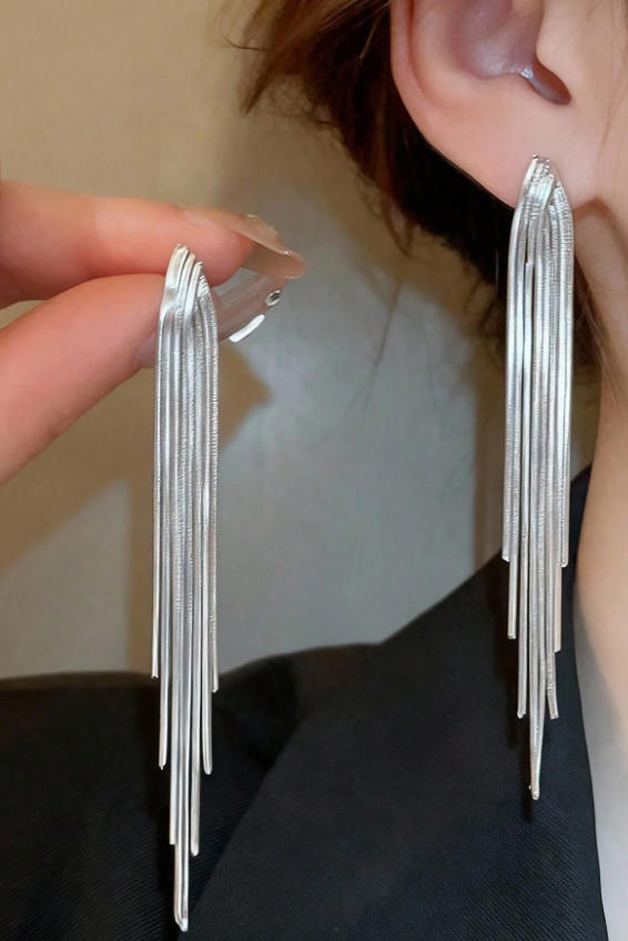 Silver Brushed Long Linear Tassel Drop Earrings Sleek Fringe Dangle Earrings for Women