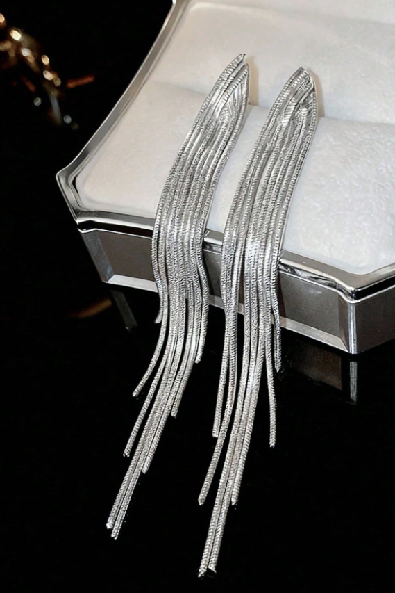 Silver Brushed Long Linear Tassel Drop Earrings Sleek Fringe Dangle Earrings for Women
