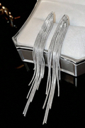 Silver Brushed Long Linear Tassel Drop Earrings Sleek Fringe Dangle Earrings for Women