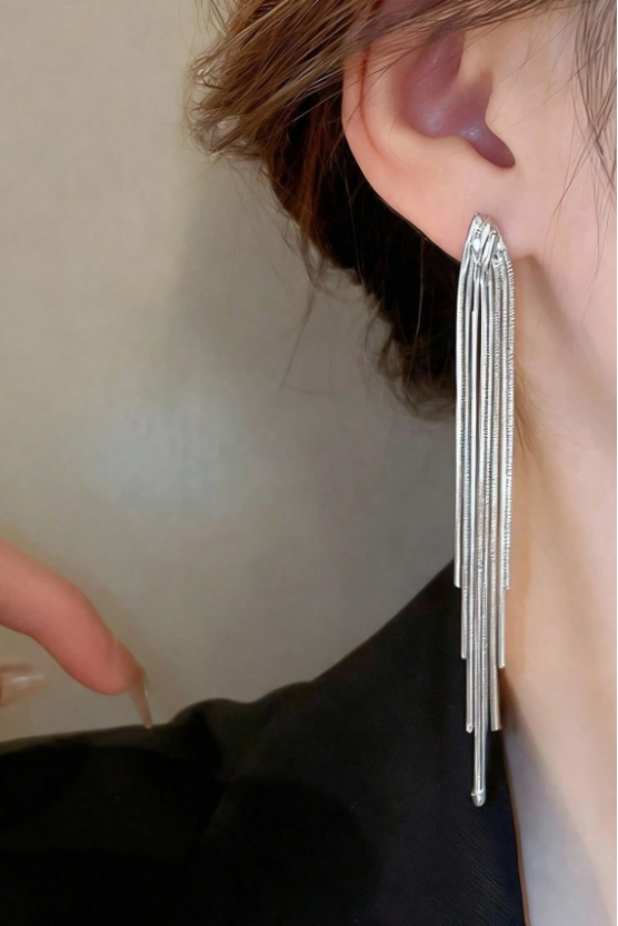 Silver Brushed Long Linear Tassel Drop Earrings Sleek Fringe Dangle Earrings for Women