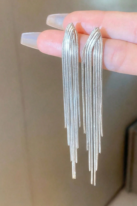 Silver Brushed Long Linear Tassel Drop Earrings Sleek Fringe Dangle Earrings for Women