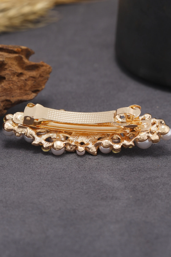 Pearl Rhinestone Gold Leaf Bridal Hair Barrette Wedding Hair Clip
