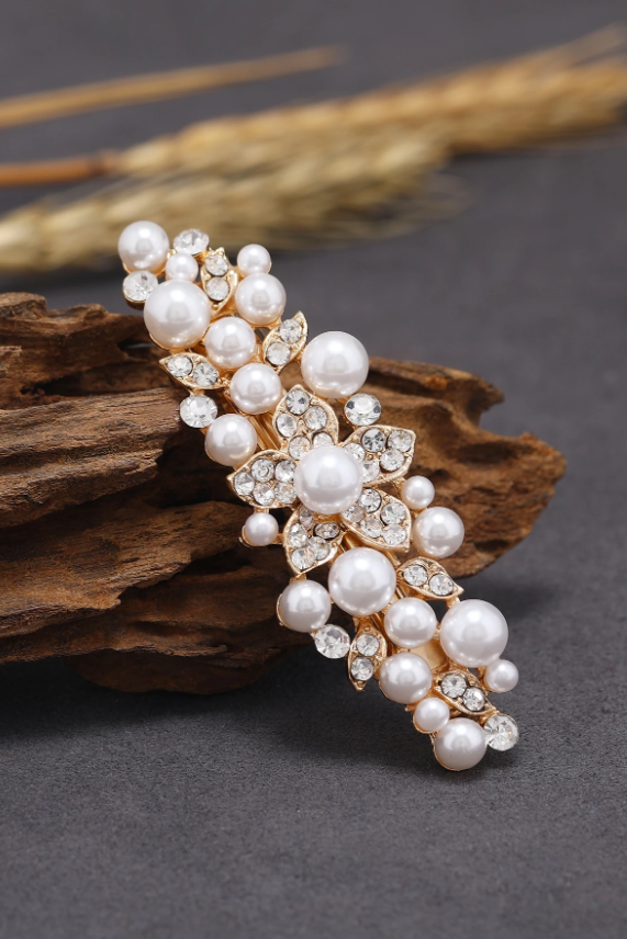 Pearl Rhinestone Gold Leaf Bridal Hair Barrette Wedding Hair Clip
