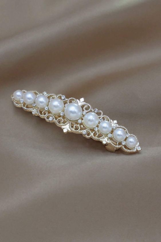 Vintage Filigree Pearl Rhinestone Gold Hair Barrette Bridal Hair Clip