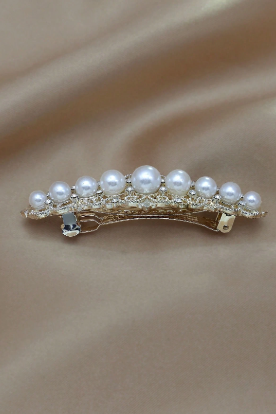 Vintage Filigree Pearl Rhinestone Gold Hair Barrette Bridal Hair Clip