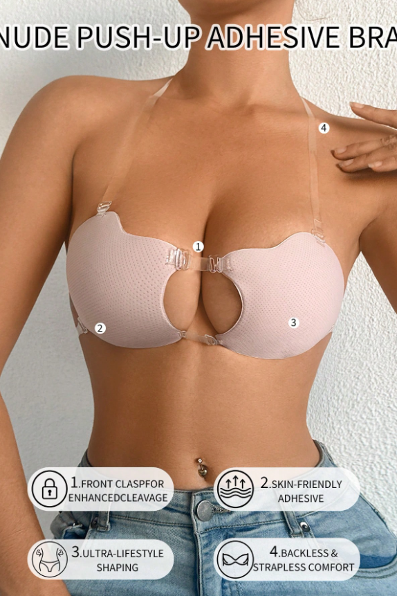 Perforated Front Closure Adhesive Bra with Clear Straps