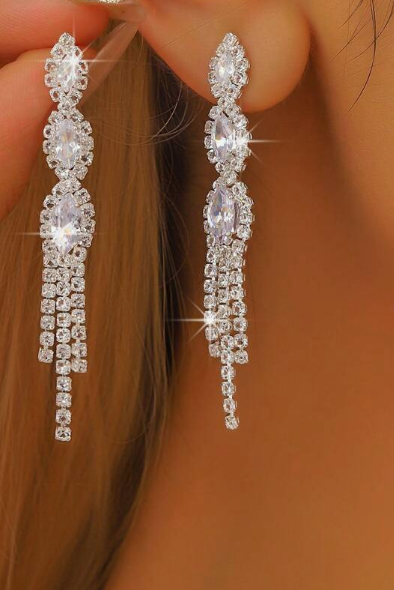 Sparkling Rhinestone Tassel Long Drop Earrings Bridal Crystal Jewelry