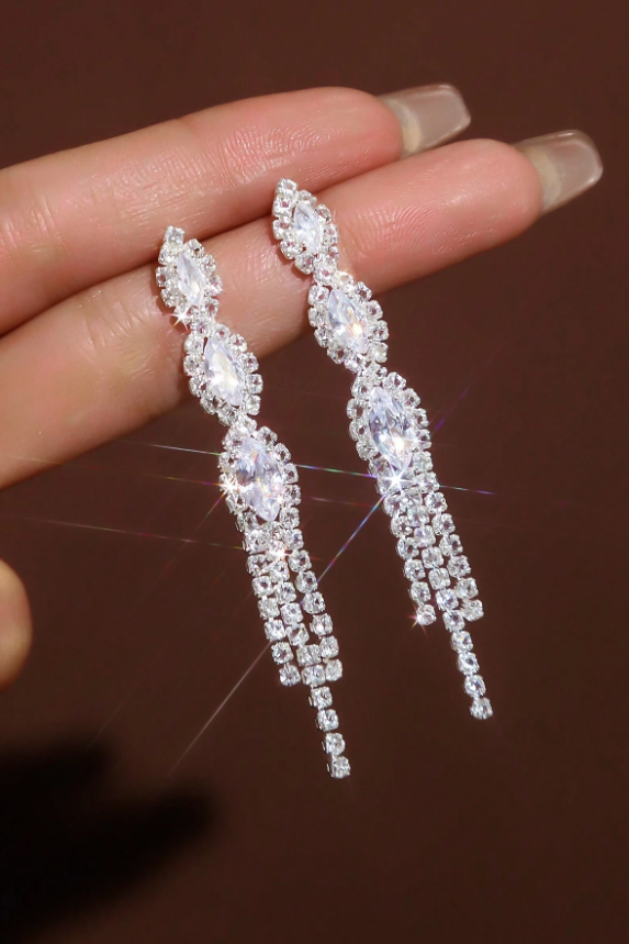 Sparkling Rhinestone Tassel Long Drop Earrings Bridal Crystal Jewelry
