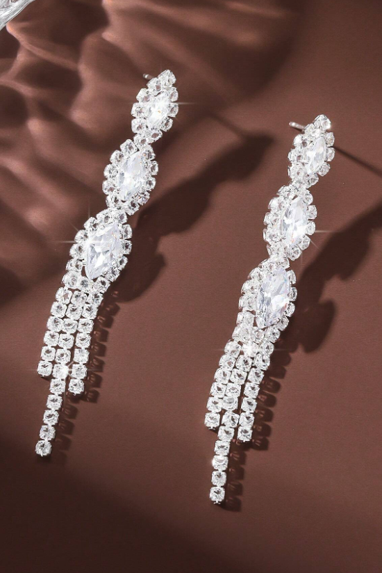 Sparkling Rhinestone Tassel Long Drop Earrings Bridal Crystal Jewelry