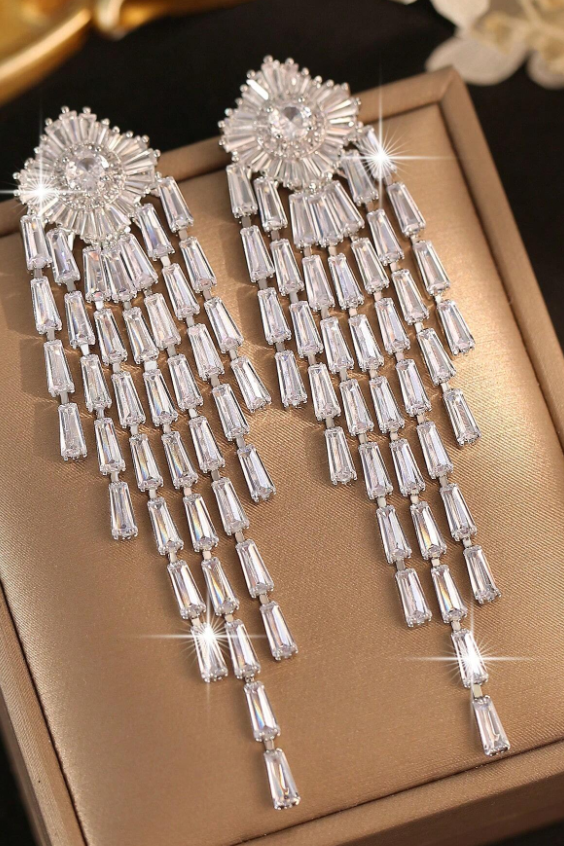 Silver Sunburst Baguette CZ Long Tassel Drop Earrings Luxury Crystal Fringe Bridal Earrings