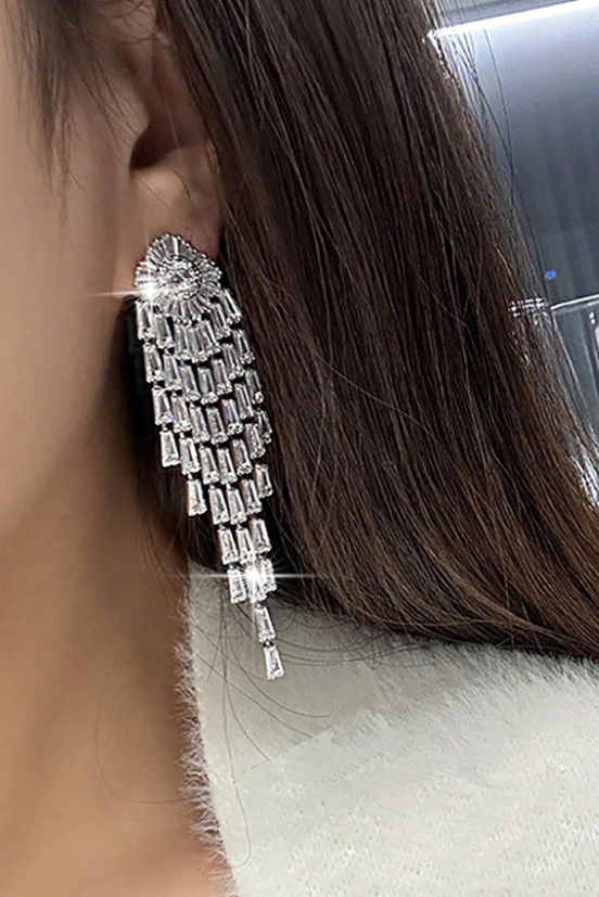Silver Sunburst Baguette CZ Long Tassel Drop Earrings Luxury Crystal Fringe Bridal Earrings