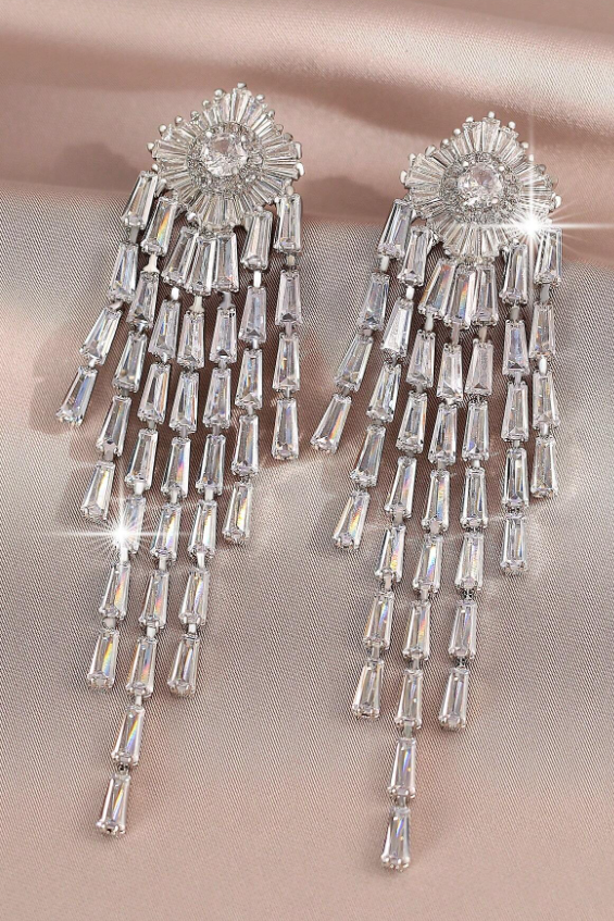 Silver Sunburst Baguette CZ Long Tassel Drop Earrings Luxury Crystal Fringe Bridal Earrings