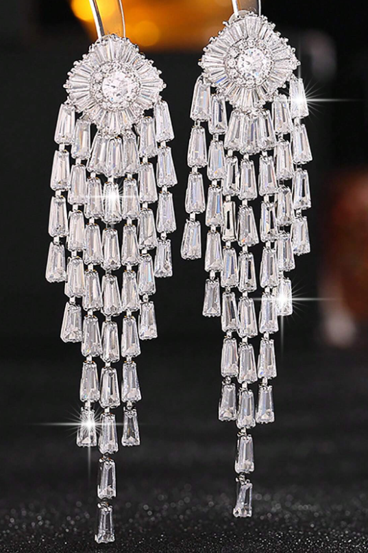 Silver Sunburst Baguette CZ Long Tassel Drop Earrings Luxury Crystal Fringe Bridal Earrings