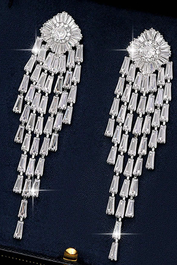 Silver Sunburst Baguette CZ Long Tassel Drop Earrings Luxury Crystal Fringe Bridal Earrings