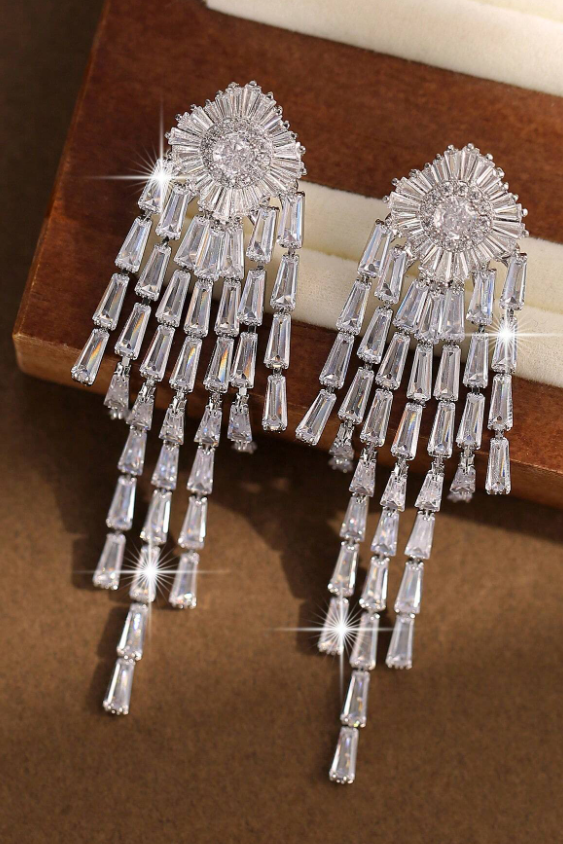 Silver Sunburst Baguette CZ Long Tassel Drop Earrings Luxury Crystal Fringe Bridal Earrings
