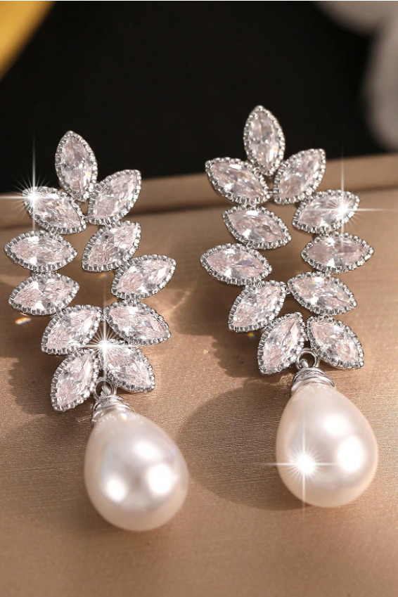 Marquise Cut CZ Leaf Vine Teardrop Pearl Drop Earrings Silver Bridal Wedding Dangle Earrings