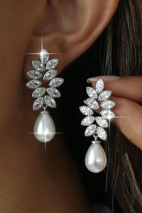 Marquise Cut CZ Leaf Vine Teardrop Pearl Drop Earrings Silver Bridal Wedding Dangle Earrings