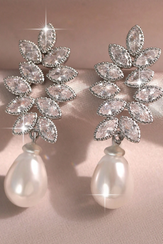 Marquise Cut CZ Leaf Vine Teardrop Pearl Drop Earrings Silver Bridal Wedding Dangle Earrings