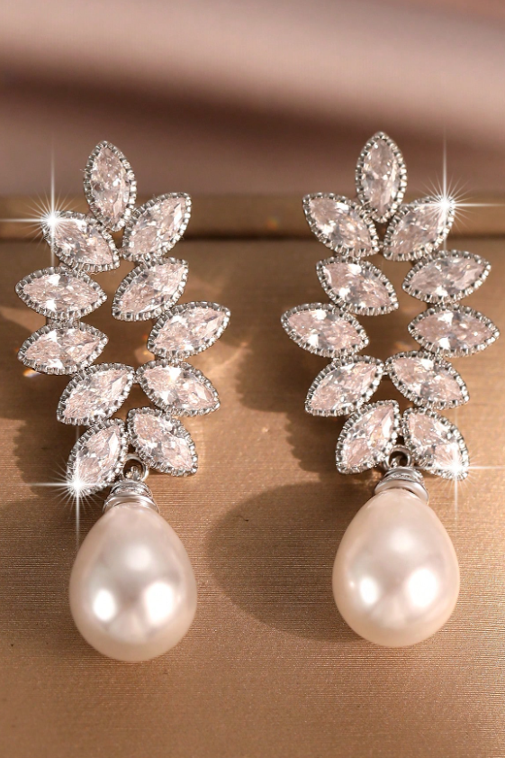Marquise Cut CZ Leaf Vine Teardrop Pearl Drop Earrings Silver Bridal Wedding Dangle Earrings