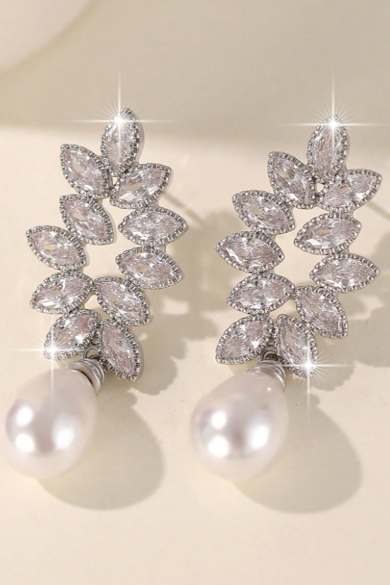 Marquise Cut CZ Leaf Vine Teardrop Pearl Drop Earrings Silver Bridal Wedding Dangle Earrings