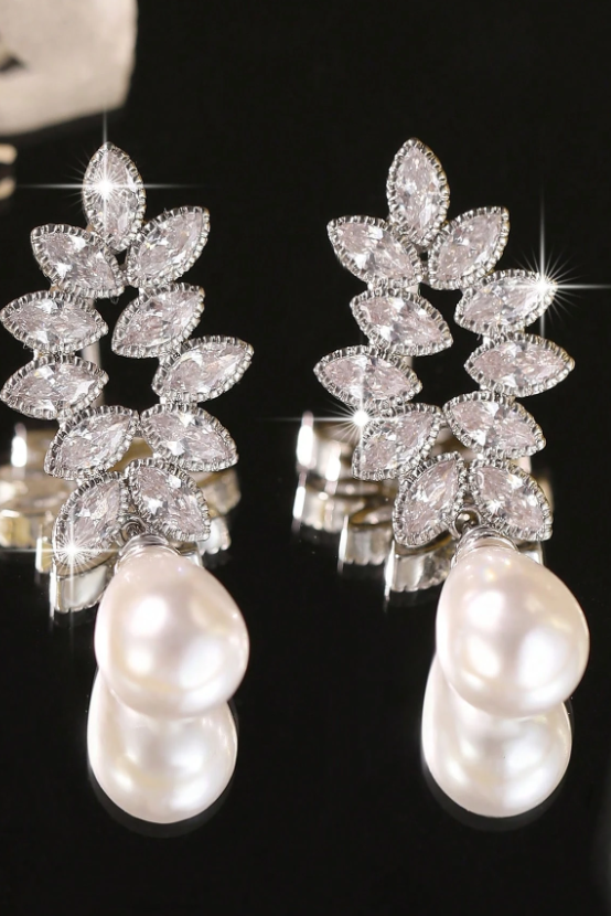 Marquise Cut CZ Leaf Vine Teardrop Pearl Drop Earrings Silver Bridal Wedding Dangle Earrings