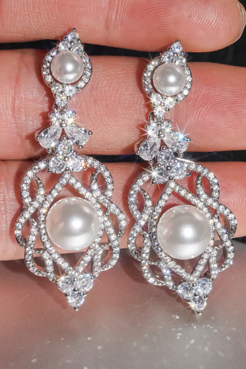 Vintage Victorian Pearl Crystal Drop Earrings Bridal Silver Jewelry