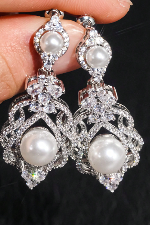 Vintage Victorian Pearl Crystal Drop Earrings Bridal Silver Jewelry