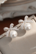 Dainty Crystal Bow Pearl Stud Earrings Silver Feminine Jewelry