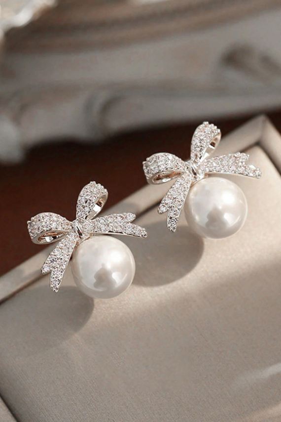 Dainty Crystal Bow Pearl Stud Earrings Silver Feminine Jewelry