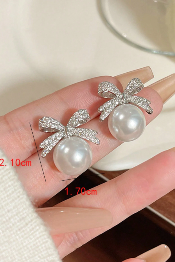Dainty Crystal Bow Pearl Stud Earrings Silver Feminine Jewelry