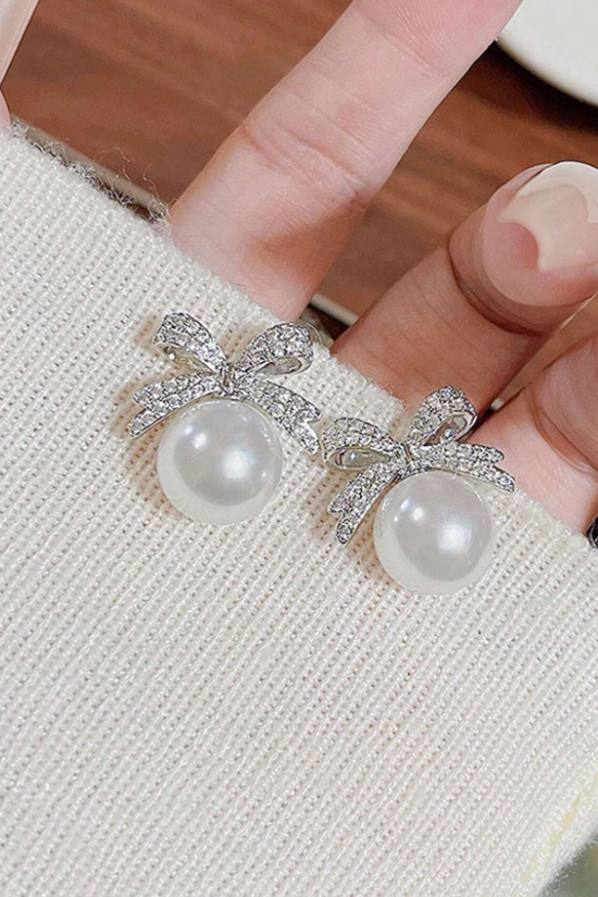 Dainty Crystal Bow Pearl Stud Earrings Silver Feminine Jewelry