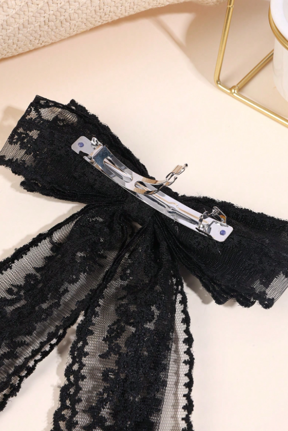 Black Lace Long Streamer Bow Hair Clip Floral Bow Hair Barrette