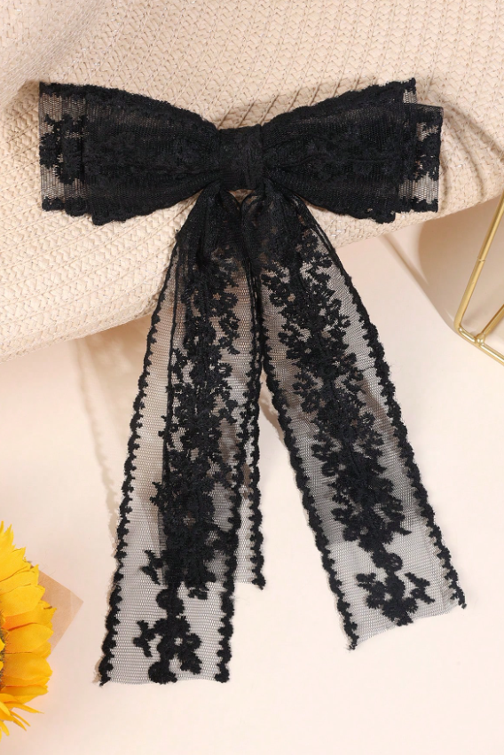 Black Lace Long Streamer Bow Hair Clip Floral Bow Hair Barrette