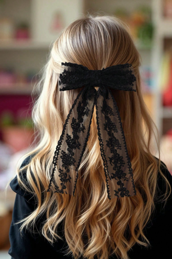 Black Lace Long Streamer Bow Hair Clip Floral Bow Hair Barrette