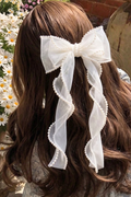Pearl Trim White Organza Bow Hair Clip Long Streamer Bridal Hair Bow