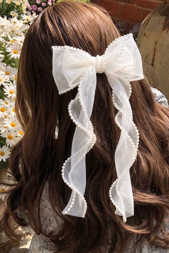 Pearl Trim White Organza Bow Hair Clip Long Streamer Bridal Hair Bow