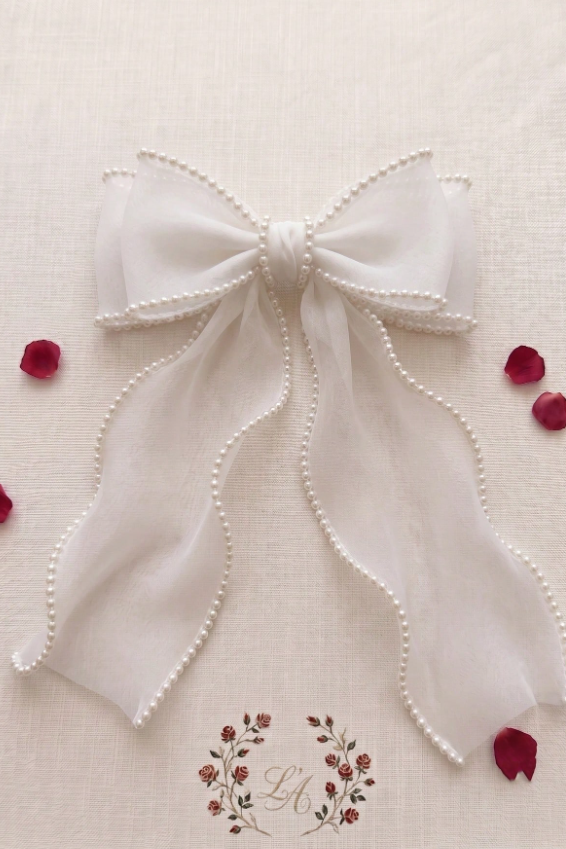 Pearl Trim White Organza Bow Hair Clip Long Streamer Bridal Hair Bow