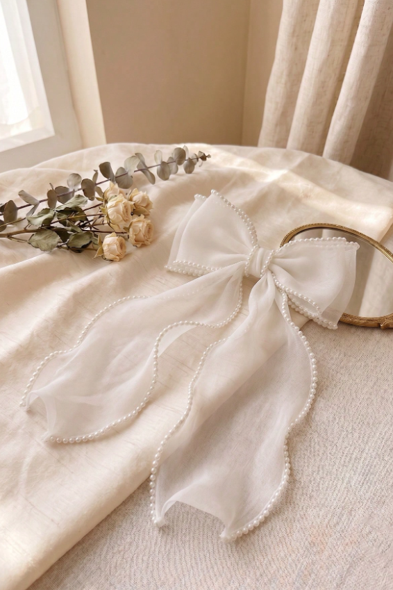 Pearl Trim White Organza Bow Hair Clip Long Streamer Bridal Hair Bow
