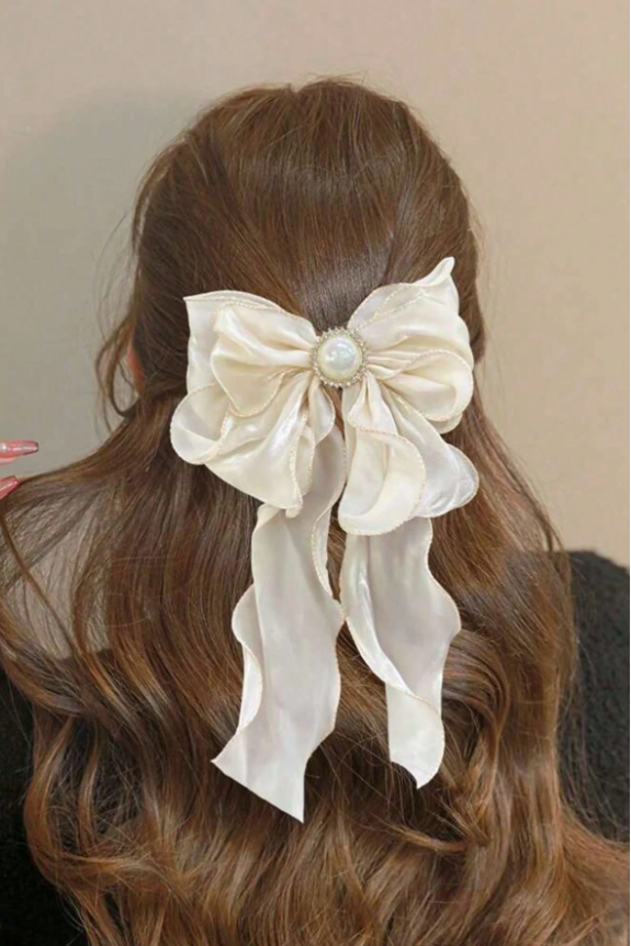 Champagne Pearl Long Streamer Bow Hair Clip Shimmer Fabric Bow Barrette