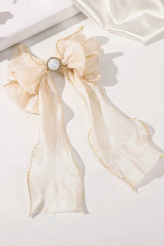 Champagne Pearl Long Streamer Bow Hair Clip Shimmer Fabric Bow Barrette