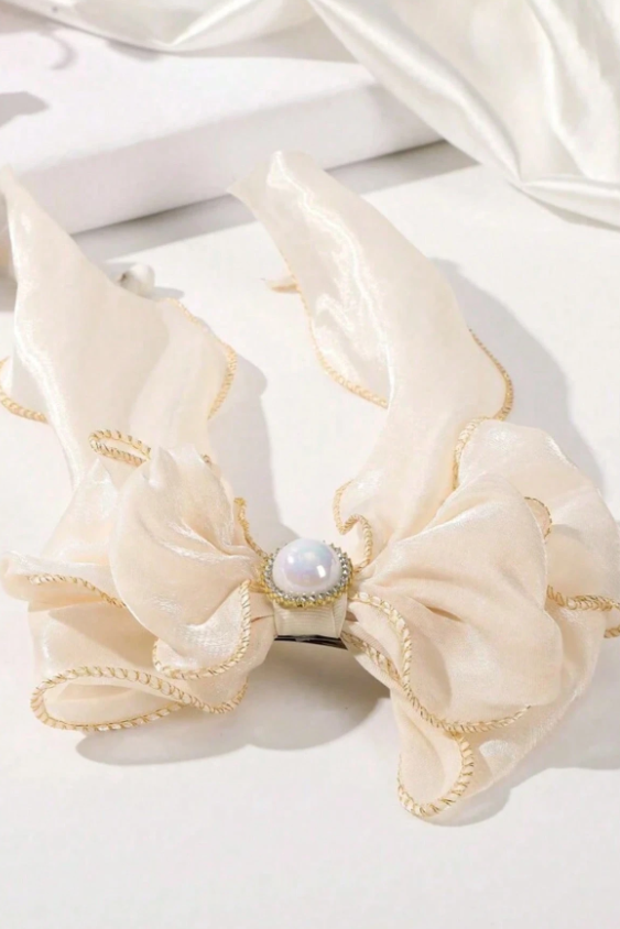 Champagne Pearl Long Streamer Bow Hair Clip Shimmer Fabric Bow Barrette