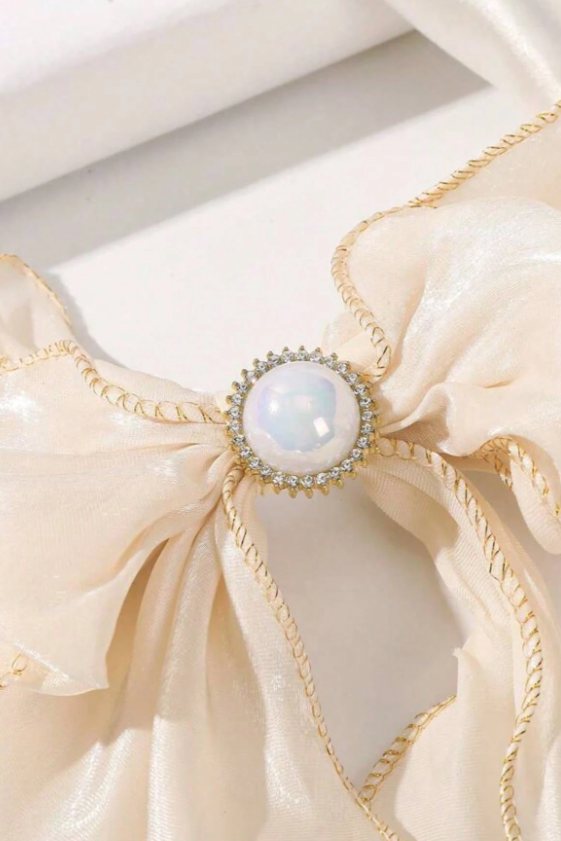 Champagne Pearl Long Streamer Bow Hair Clip Shimmer Fabric Bow Barrette